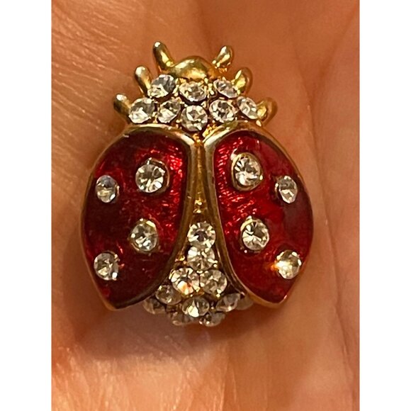 Signed SWAROVSKI Red Enamel Clear Rhinestone Gold-Tone Lady Bug Brooch Pin Swan - Picture 7 of 7